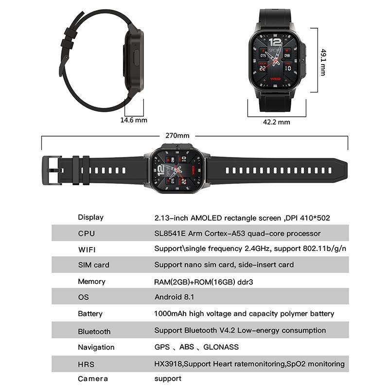 AMOLED экран 2.1 подключаемый GPS упражнения кислород крови HRV мониторинг сердечного ритма 4G телефон часы