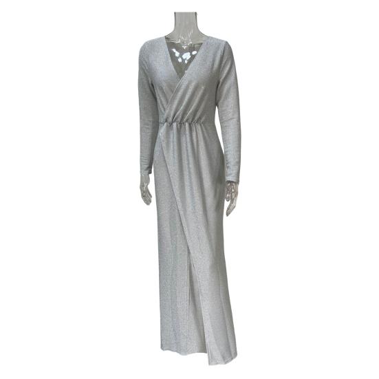 Женское вечернее платье с глубоким V-образным вырезом, декором из пайеток, длинными рукавами, эластичным поясом, плиссированным разрезом по низу, однотонное, для торжественных случаев, свадебных вечеринок, выпускного вечера, макси-платье