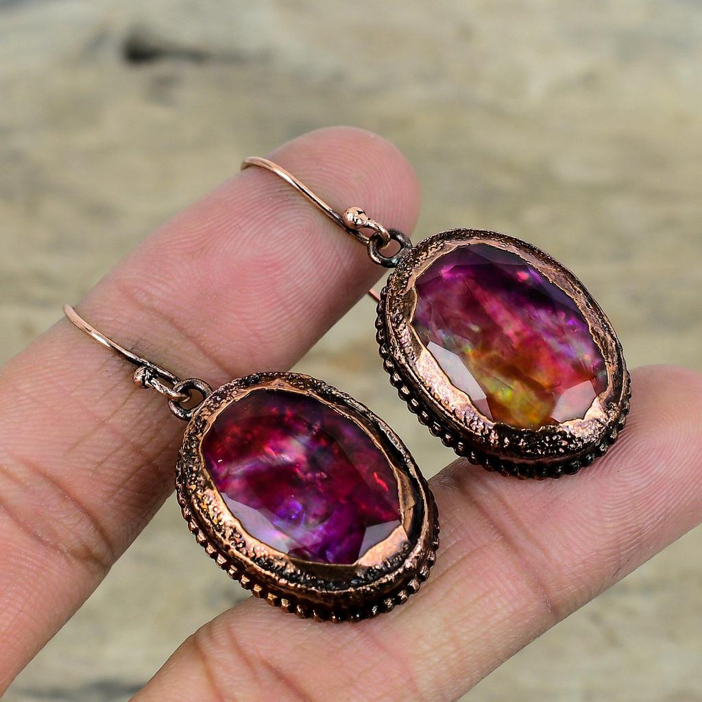 Граненые серьги с аммолитом, медные серьги, полученные электроформованием, ювелирные изделия с драгоценными камнями, изящные серьги, серьги ручной работы, ювелирные изделия, изготовленные методом гальванопластики, подарки для нее