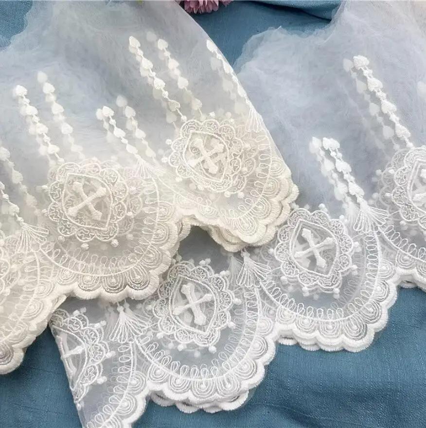 3Yards(2.7Meters)/lot 18cm Wide France Style Apricot/White Wave Edge Mesh Flow Heart Falling Holy Cross Embroidery Lace Trim DIY Clothing Accessories