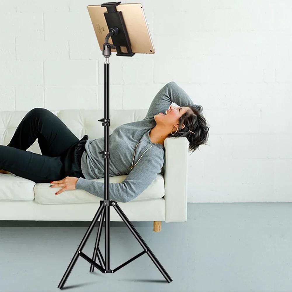 Floor Standing Tablet Stand 360° Rotatable Gimbal Tablet Phone 2-in-1 Stand Three Stage Telescopic Design Metal Material Tripod