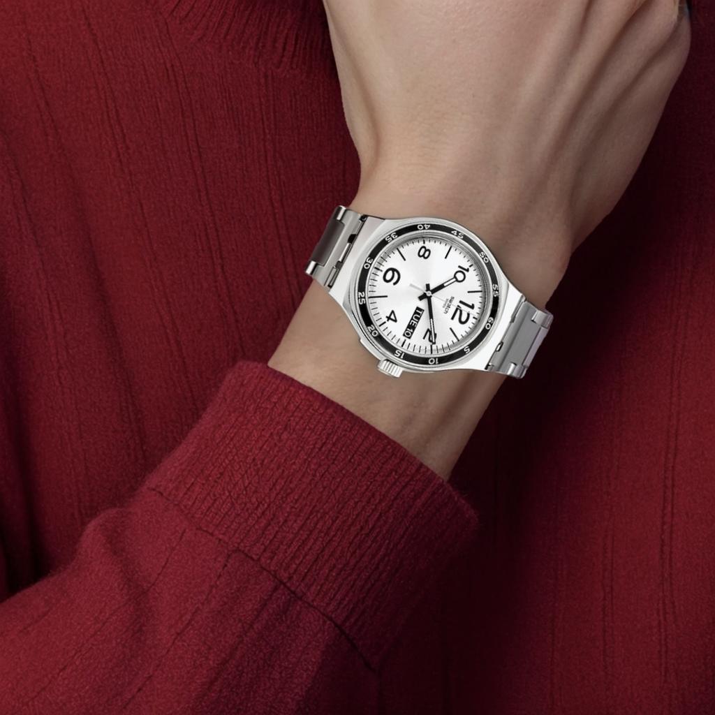 Swatch Кварцевый механизм 30м Водонепроницаемость Мужские Часы Часы 43мм Серебристый Циферблат Стальной Браслет YGS766G