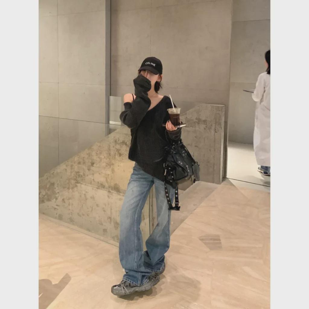 SUNONEONE Women's Blue Wide-Leg Jeans - Autumn/Winter Loose Fit Trousers