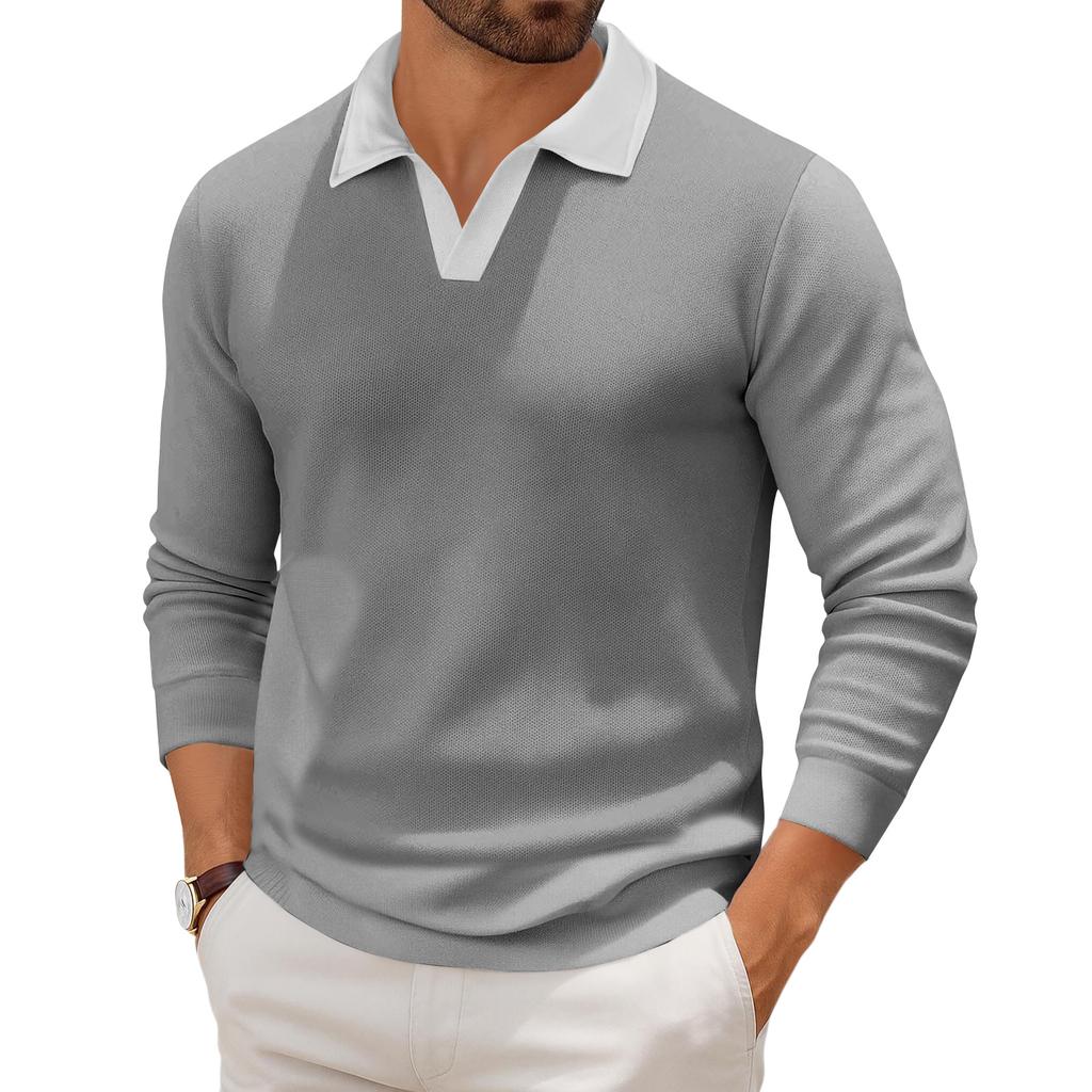 Мужской повседневный трикотажный базовый топ с длинным рукавом и воротником в стиле колор-блок