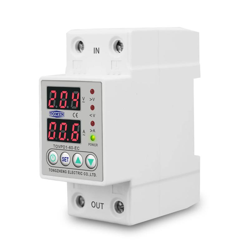 Din Rail Dual Display Adjustable Over Voltage Current And Under Voltage Protective Device Protector Relay 40A 63A 80A 220V 230V