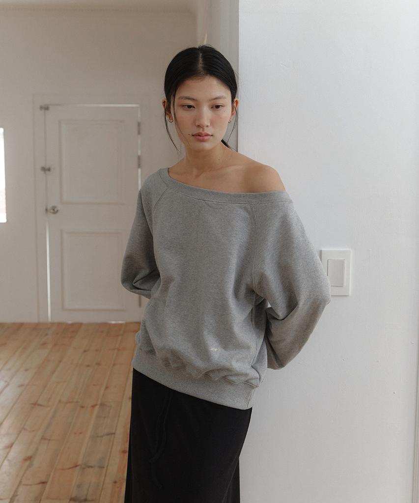 LAMINEZ Embro Off-Shoulder Sweatshirt - Gray