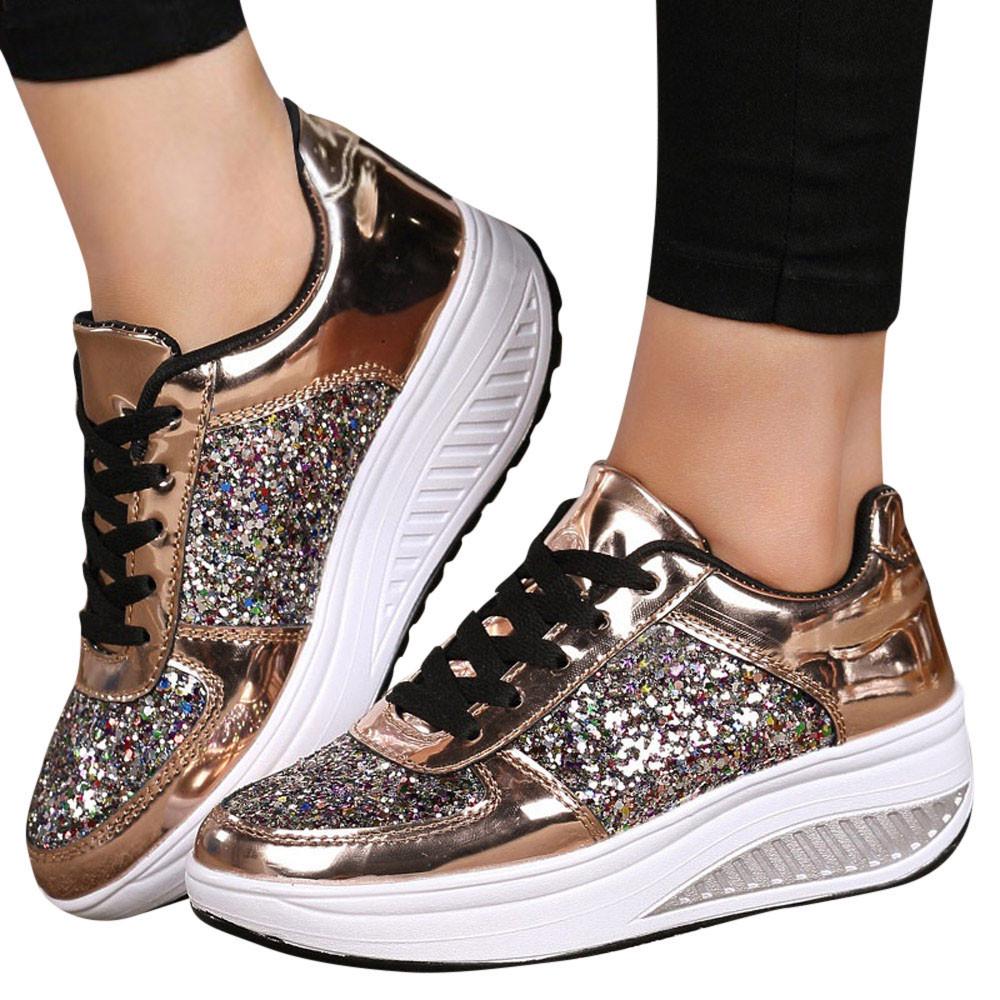Women's Ladies Wedges Sneakers Sequins Shake Shoes Fashion Girls Sport Shoe