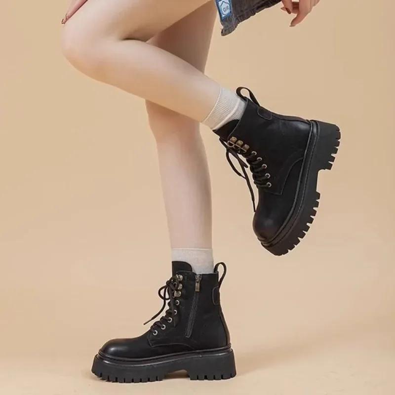 Модные байкерские ботинки на толстой подошве, женские короткие туфли на платформе, кожаные женские ботильоны с круглым носком, весна 2024, осенний тренд, новинка