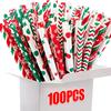 25-100Pcs Christmas Kraft Paper Straw Colorful Print Disposable Paper Drinking Straws Xmas New Year Party Home Decor Supplies