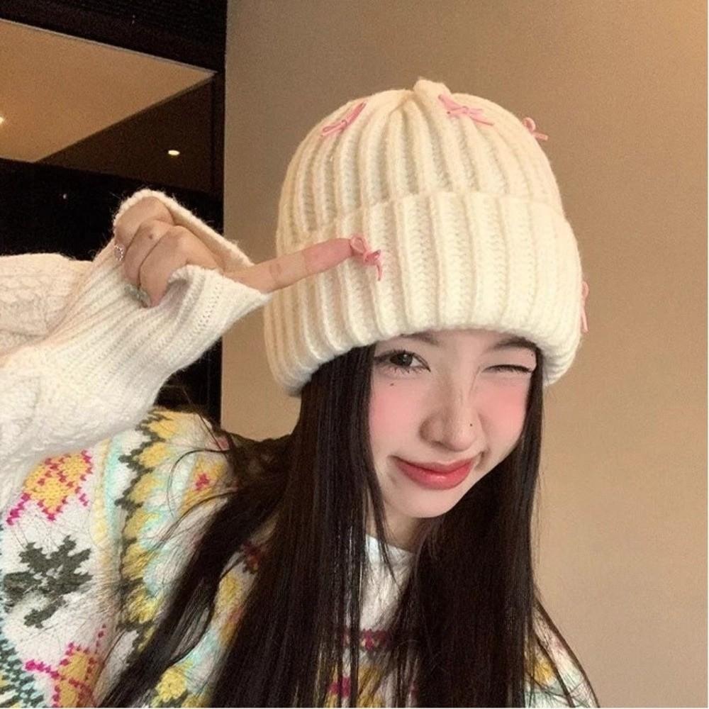 Cold-proof Bow Knitted Hat Korean Style Bow Winter Hat Warm Pullover Hat  Autumn