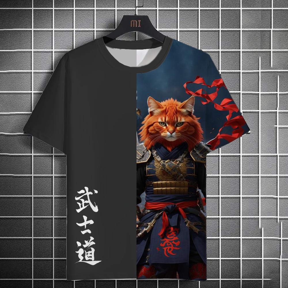 Мужская футболка с принтом «Bushido Animal Cat Samurai», летняя футболка с коротким рукавом, мужские ретро-топы, повседневная мужская свободная футболка