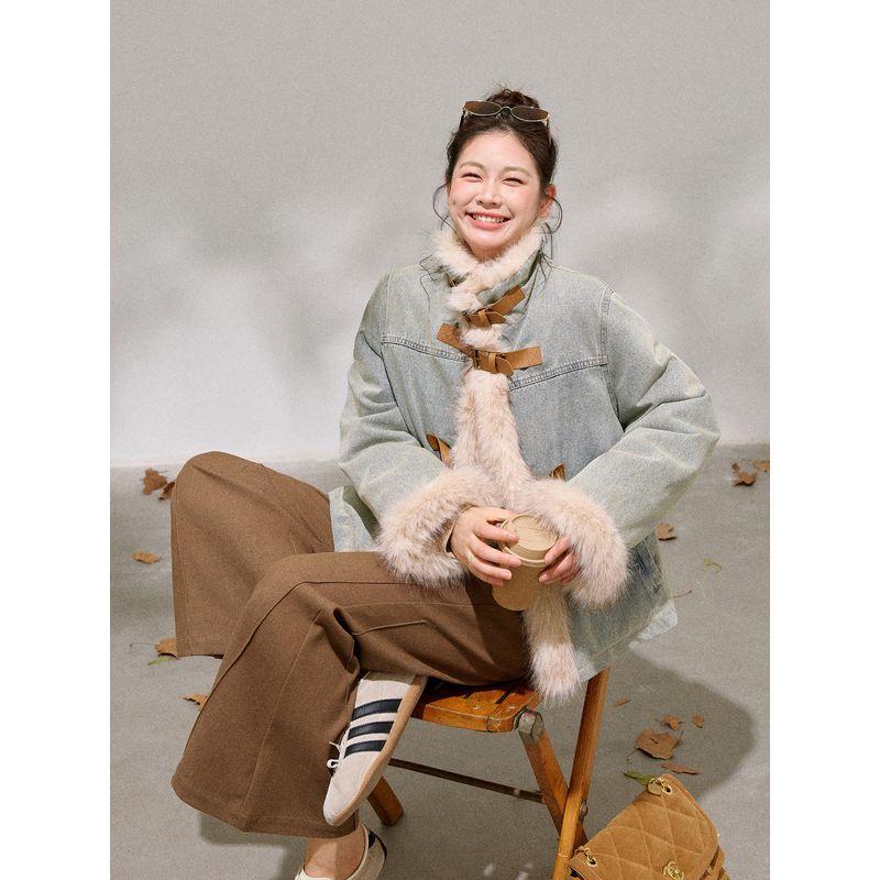 Zhang Daren's New Plus-Size Women's Clothing for Chubby Girls, Vintage Hong Kong Style Plush Denim Jacket and Flared Casual Pants Set