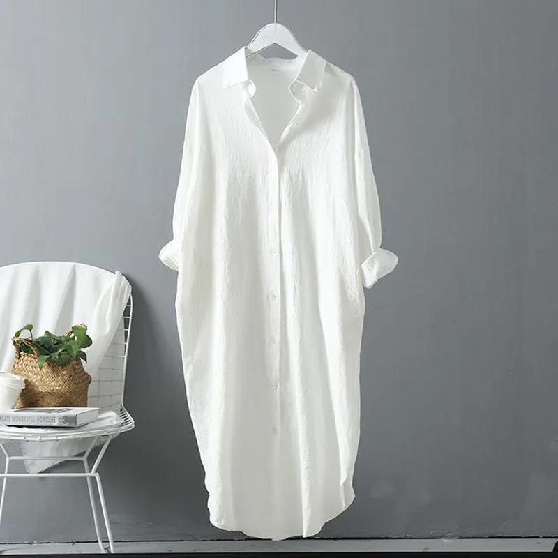 Plus Size Women's Cotton Linen Long Sleeve White Shirt Spring Autumn Loose Casual Mid-Length Shirt Dress Robe Femme