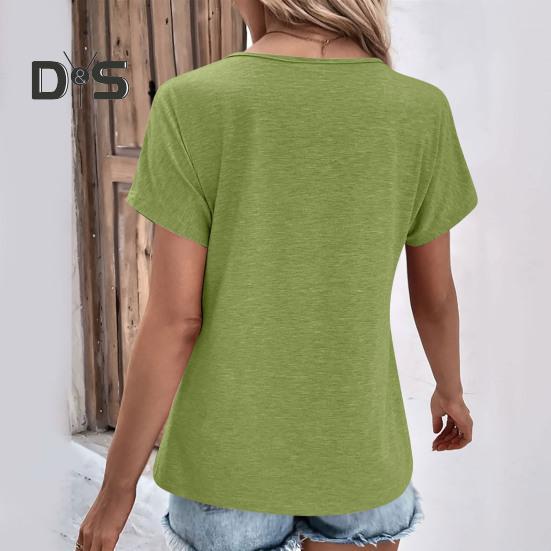 Женская футболка с V-образным вырезом, коротким рукавом, свободный крой, пуговицы, декор, однотонный пуловер, топы, повседневная одежда