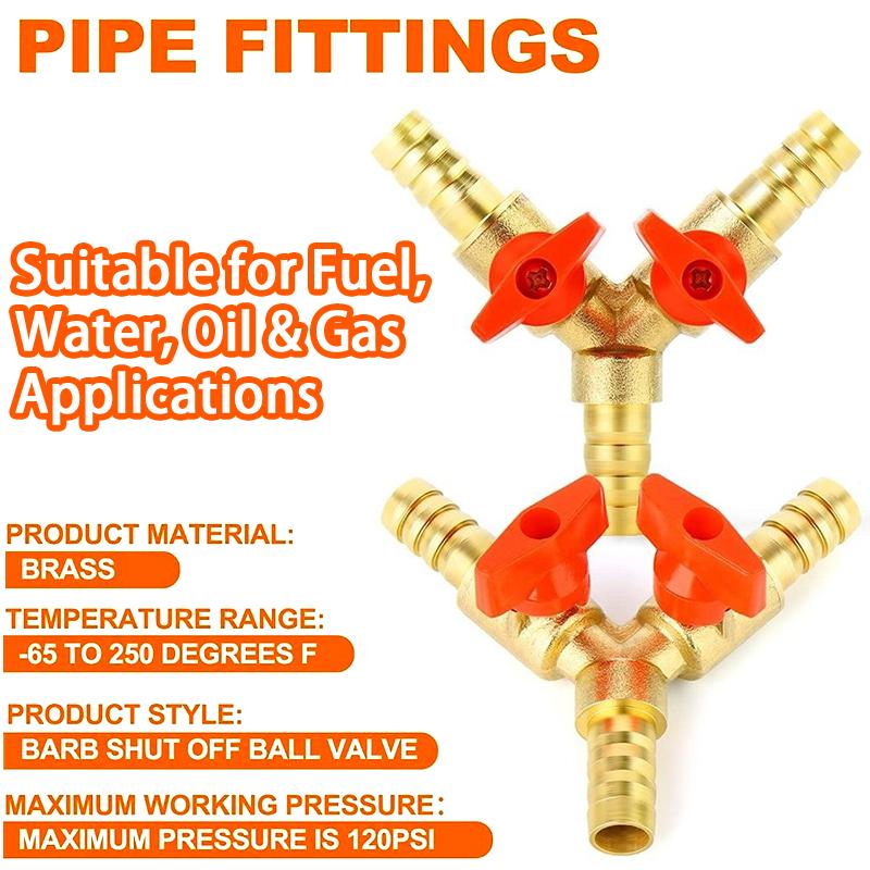 Brass Y 3 Way Shut Off Ball Valve with 8mm 10mm Hose Barb Connector for Water Air Control System Leakproof Design