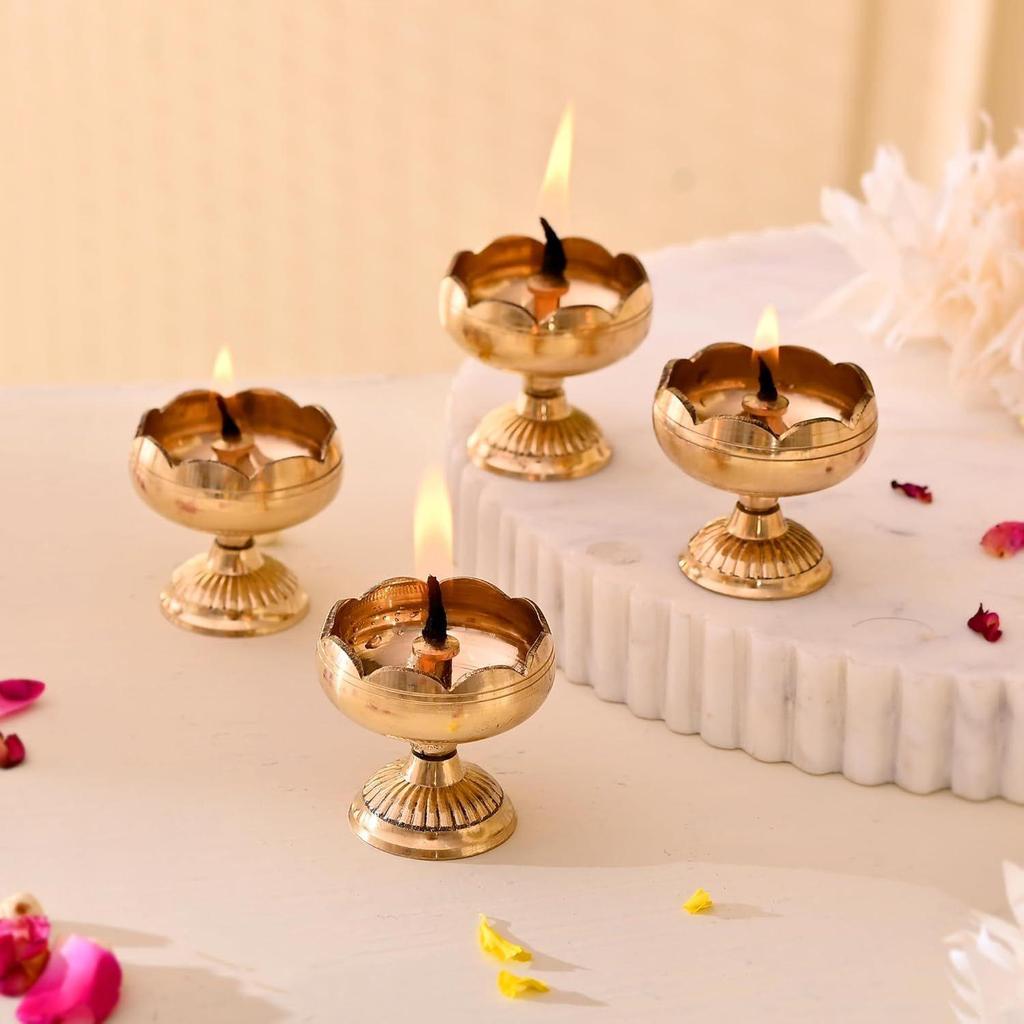 Brass Lotus Diya for Puja Set of 4 - Lotus Flower Diya for Pooja Room , Temple , Mandir, Office, Oil Lamp Diya for Home Decoration