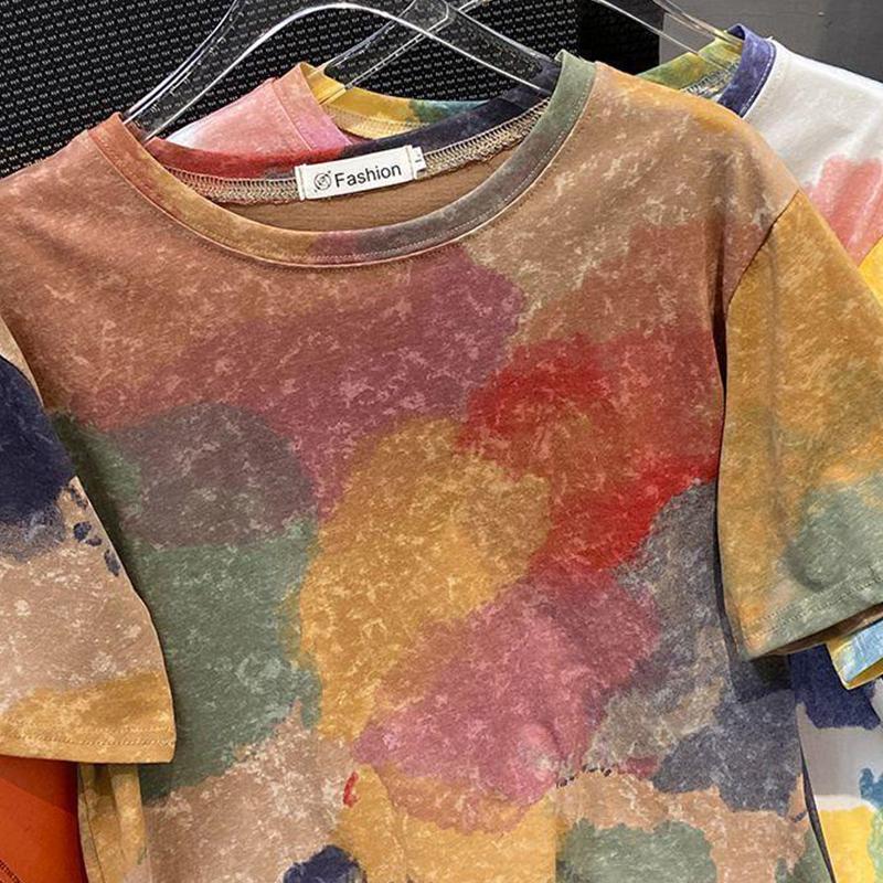 Tie Design Niche Sense Dye Short Sleeved Tshirt For Womens Summer New Loose Casual Half Sleeve Summer Top Halfsleeve