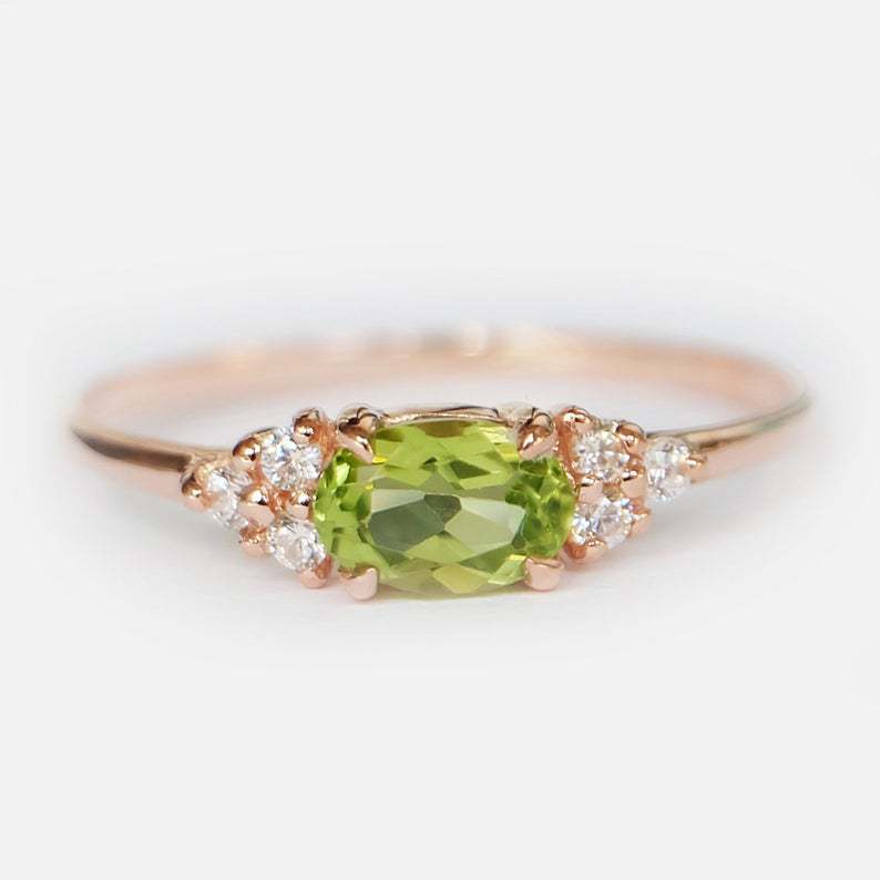 Rose Gold Peridot Ring With Micro Pave Zircon Four Prong Minimalist Unisex Couple Band