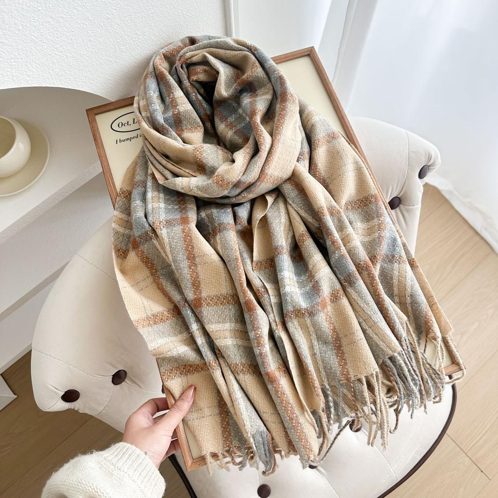 Korean Style Plaid Scarf for Women Winter Pinstripe Student Warm Thickened Imitation Cashmere Long Shawl Scarf