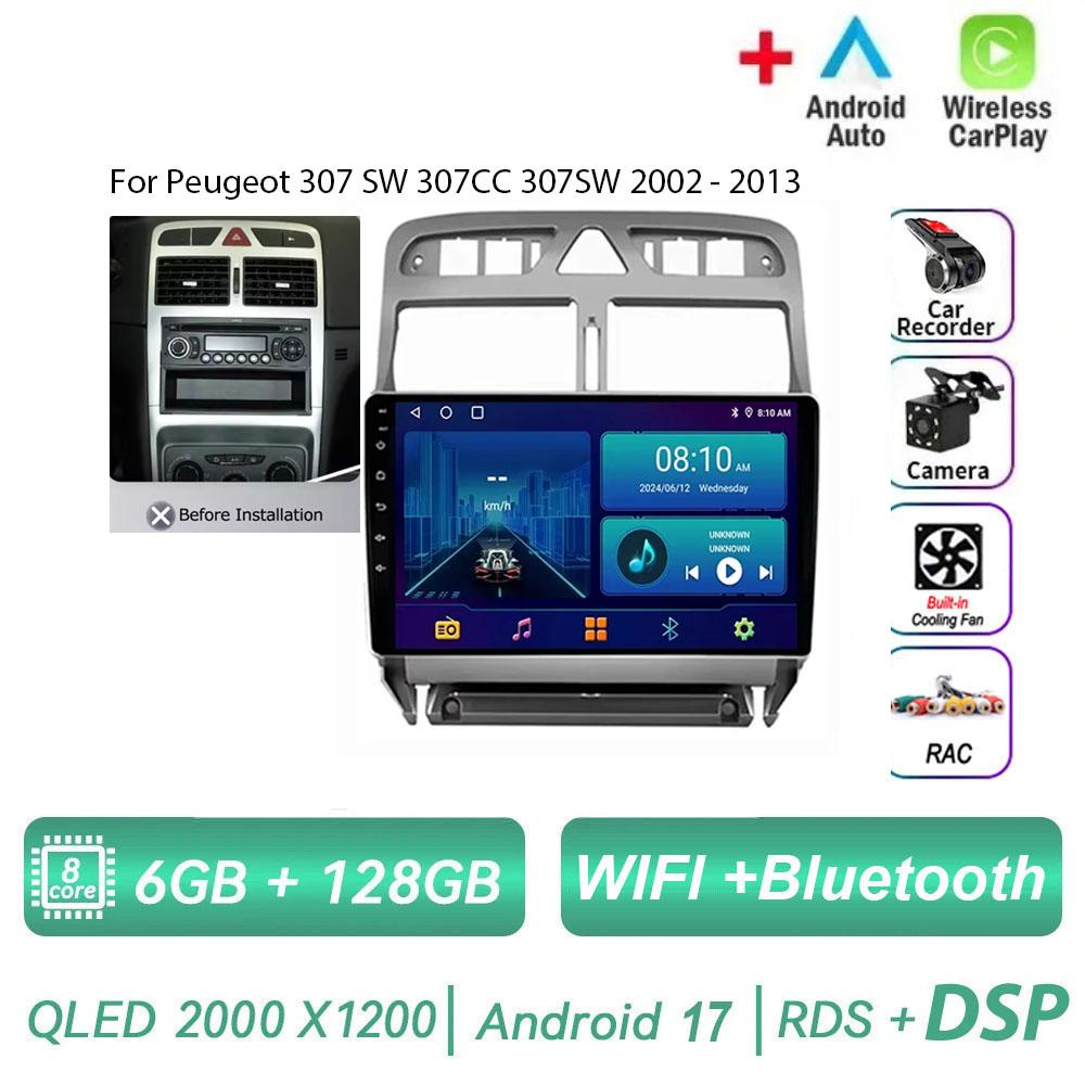 Autoradio Android 17 pour Peugeot 307 SW 307CC 307SW 2002 - 2013 Lecteur Vidéo Multimédia Navigation GPS Carplay Auto Head Unit