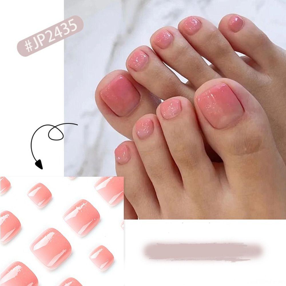 24pcs Foot Nails Tips Toe Nails Short French Full Cover Pink Gradient Fake Toenails