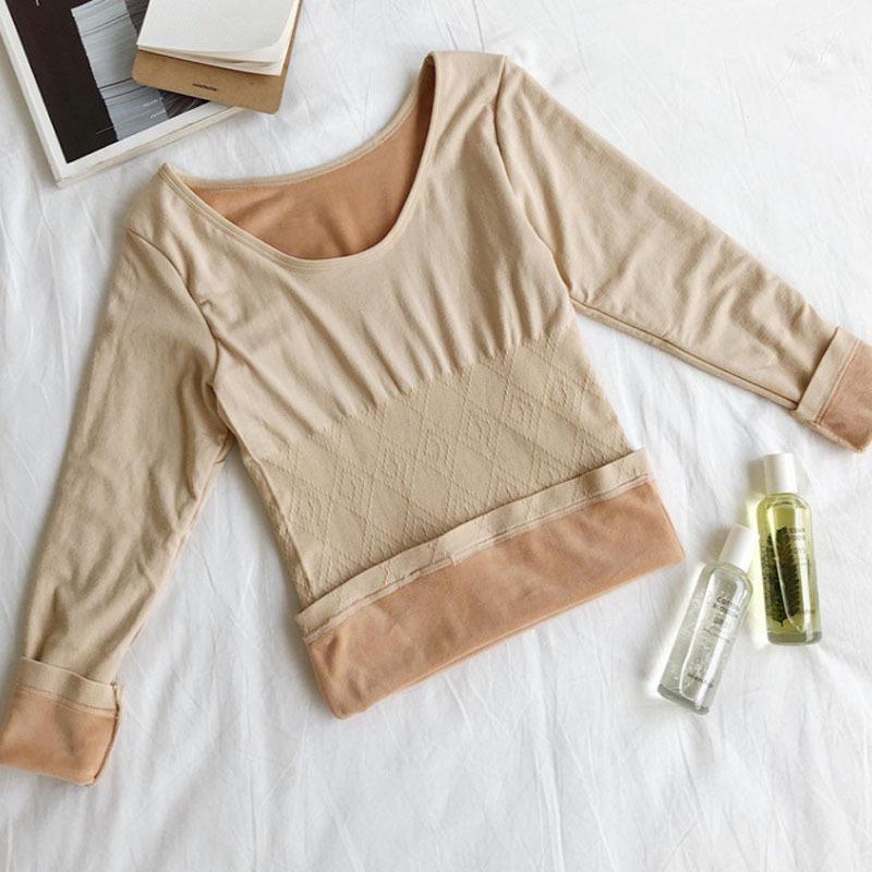 Комплект женского термобелья: Топ из бархата с длинными рукавами и круглым вырезом