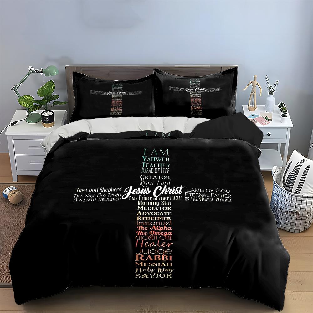 Religious Cross Bedding Set with Text Bedding set (1 duvet cover, 2 pillowcases, duvet not included)