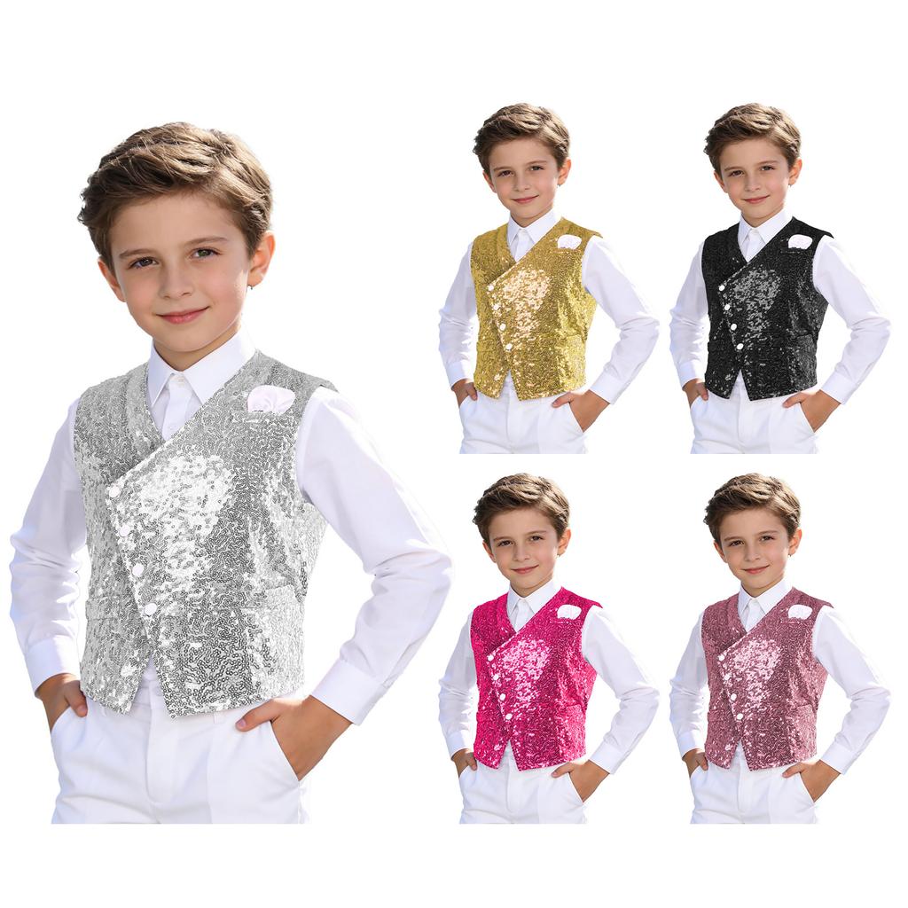 Boys Sparkly Sequin Tank Vest Slant Button Closure Adjustable Back Strap Waistcoat for Birthday Party Performance