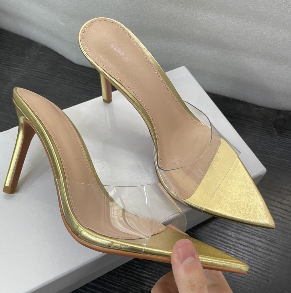 The new simple nude transparent high-heeled slippers with thin heels and pointed toes are not tired, and the high-heeled sandals are worn with open