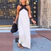 Women Evening Dress Cross Neck Off Shoulder Backless Robe Dress Solid Color Loose Maxi Dress for Beach Party Prom Vacation