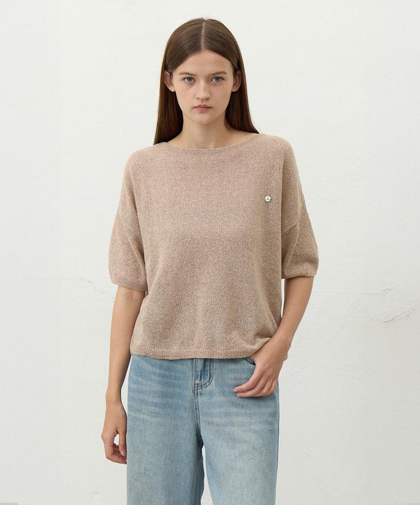 LE STUDIO Boat Neck Loose Fit Short Sleeve Knit_Beige