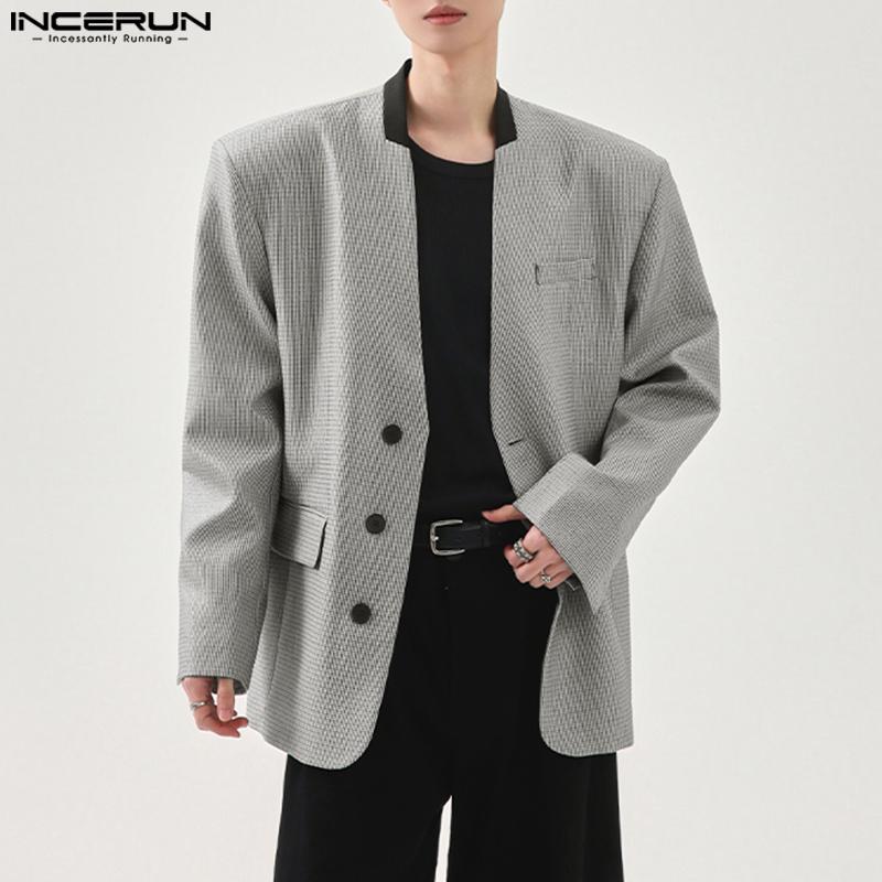 INCERUN Oversized Men V Neck Long Sleeve Plaid Print Casual Loose Thin Blazer Coats