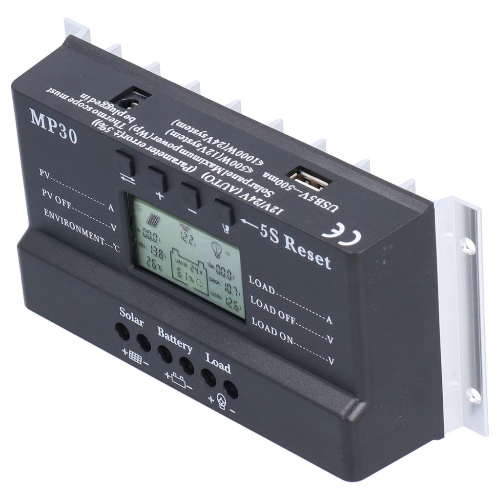 Контроллер солнечного заряда 30A 12/24V ЖК-дисплей Подсветка Защита цепи USB-порт MPPT PWM