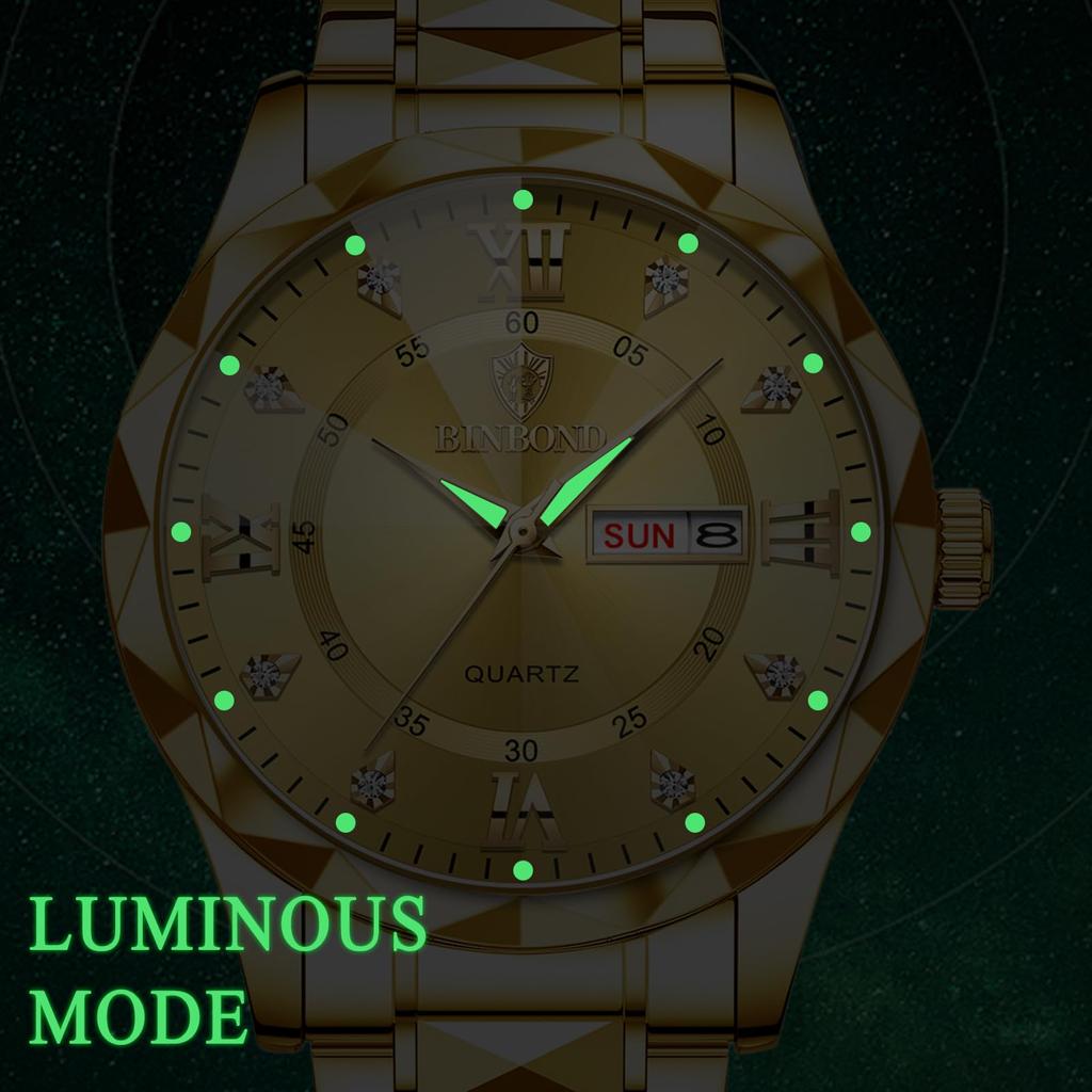 Наручные круглые из нержавеющей стали с календарем золото золото большая пара с New Day мужские часы, водонепроницаемые, непромокаемые, светящиеся, светящийся, циферблат, сталь,