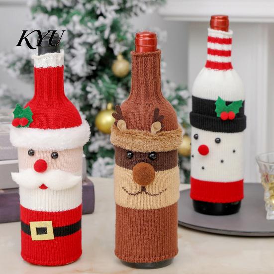 Christmas Table Setting Decor Wine Bottle Cover, Holiday Knitted Champagne Bag, Snowman Santa Stretchy Knit Topper Claus Elk Sweater for New