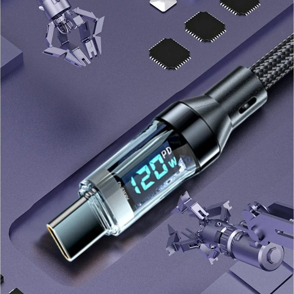 120 Вт USB на Type C Кабель для передачи данных Светодиодный дисплей 100 Вт Двойной USB C Быстрая зарядка Кабель для передачи данных 1/1,5/2 м Портативный PD Быстрая зарядка Линия Для дома