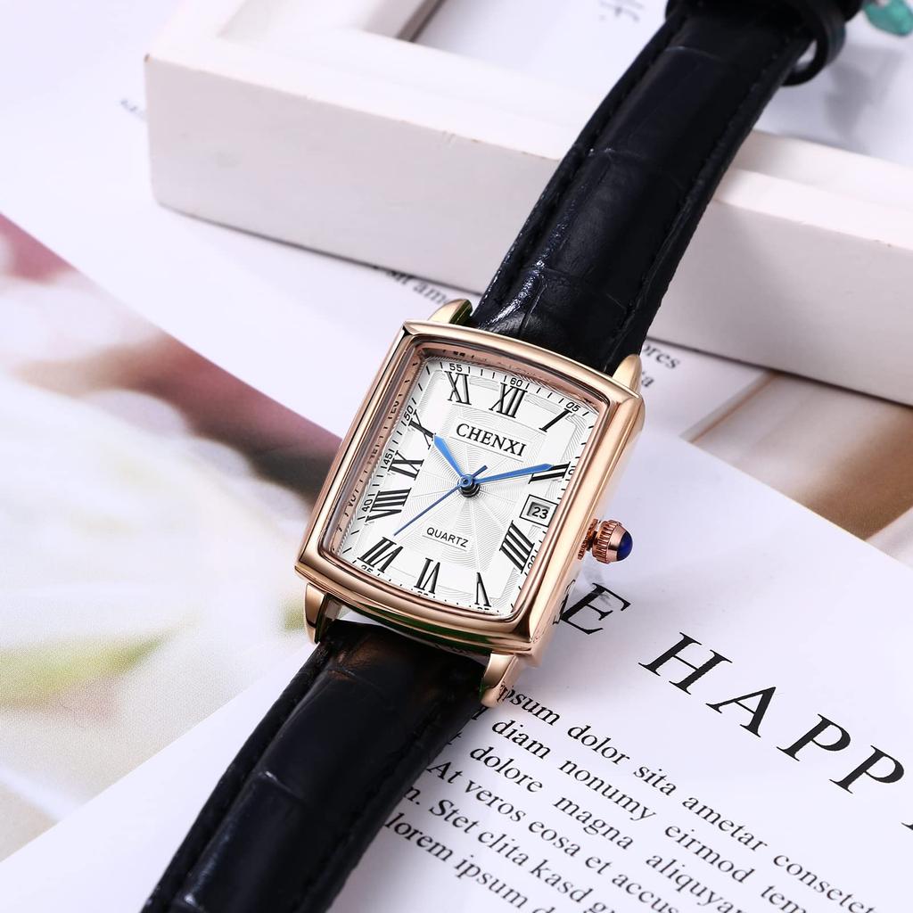 Watch Leather Leather Belt Roman Alphabet Analog Display Calendar 3ATM Waterproof Square Popular Antique Watch Business Casual Black Birthday