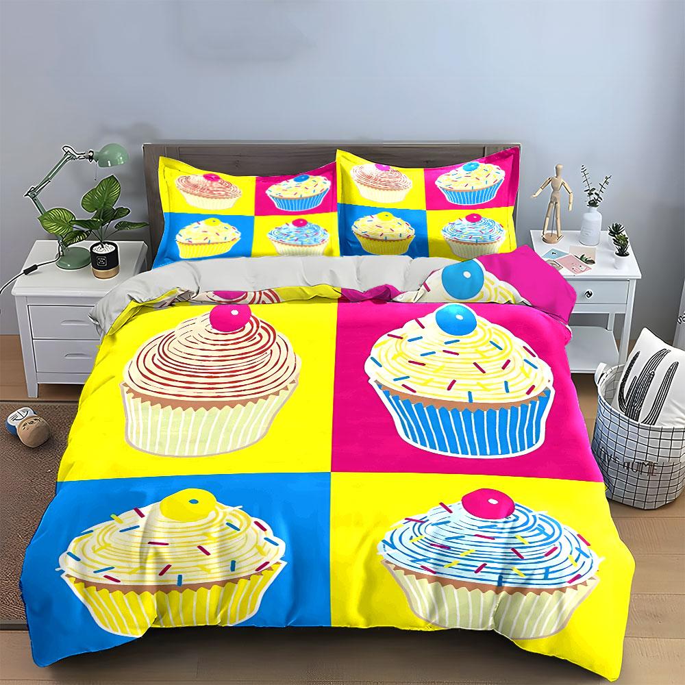 Colorful Pop Art Cupcake Print Bedding Duvet Cover Set Duvet Cover Pillowcases  (1*Duvet Cover 2*Pillowcases, without duvet insert)