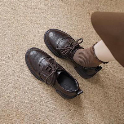 Женские лоферы из овчины в стиле ретро на массивном каблуке с толстой подошвой и круглым носком, дизайн на шнуровке 2025, британский стиль.