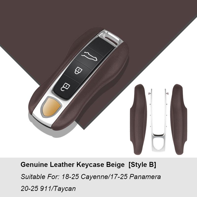 Luxury Genuine Leather For Porsche Boxster Cayman Panamera Cayenne Macan 718/911 Taycan Car Key Case Cover Protective Keychain