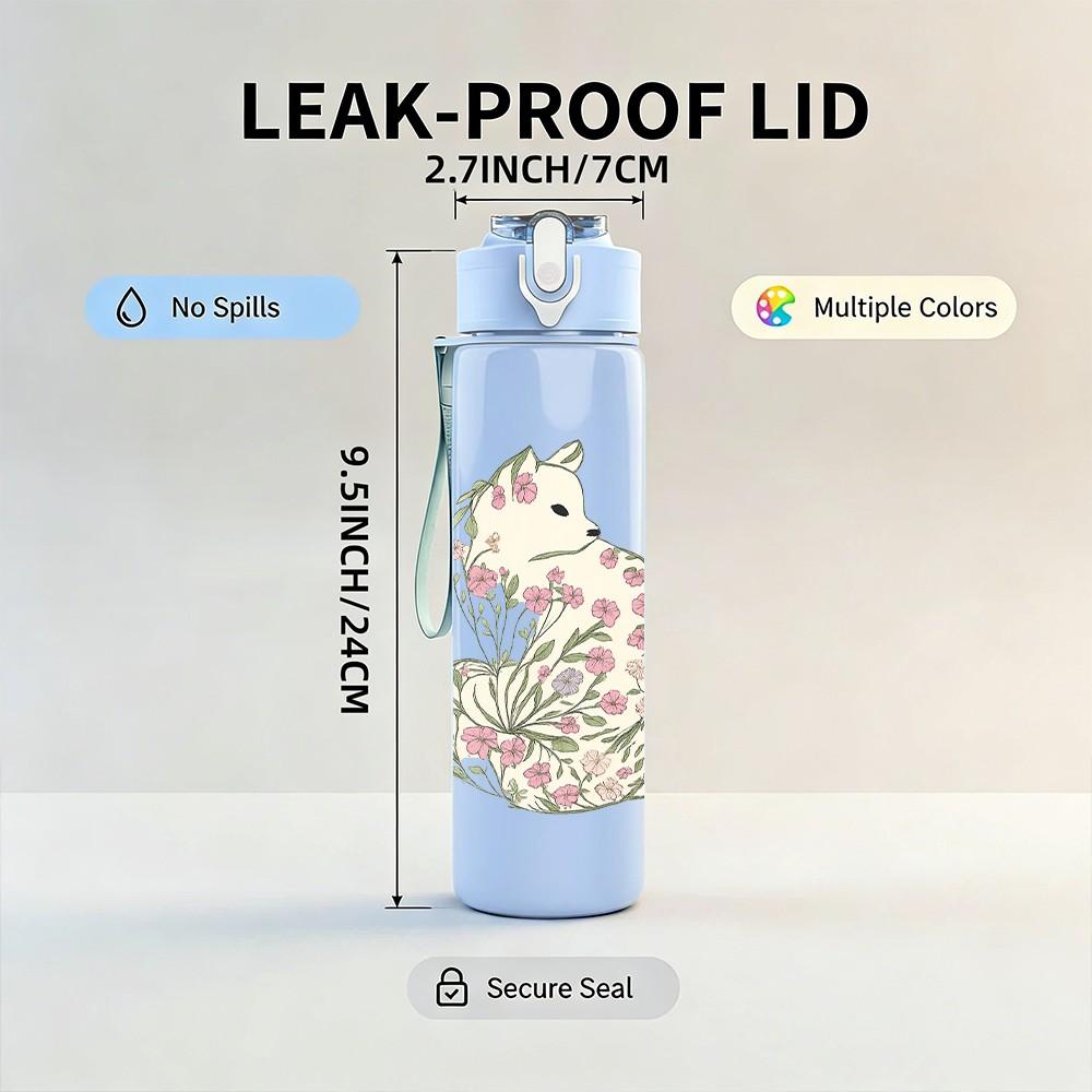 1PC Vintage Floral Cat Art 750ml Color Plastic Sports Water Bottle Leakproof Flip Straw Lid Suitable for Sports Office Home Use