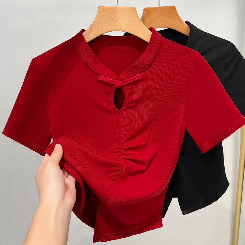 Новая китайская футболка с короткими рукавами для женщин, новая женская футболка с воротником-стойкой, пуговицами, плиссированная, облегающая талию, короткая футболка