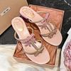 Fashion Luxury Glitter Rhinestone Sandals Women Chunky Heel Wedge Summer Flip Flops for Girls Pink Cute Slippers Bow Design Slides Shoes