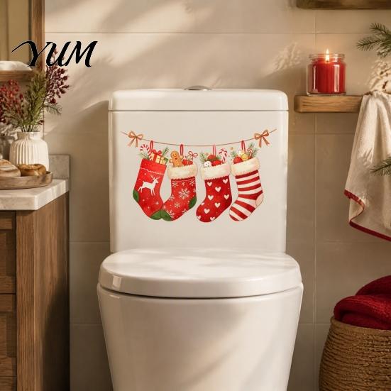 Decorative PVC Toilet Decals Christmas Stocking Stickers, Waterproof Bathroom for Holiday Home Festive Wall Decor Decoration, Red Watercolor Art Glass