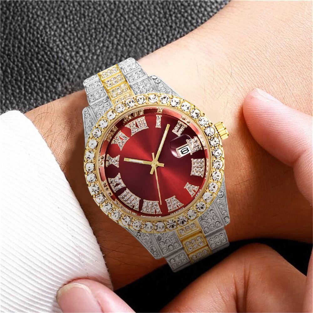 Calendar Function Iced Out Watch Date Display Men Watch Fashion Quartz Wristwatch Male Fashion