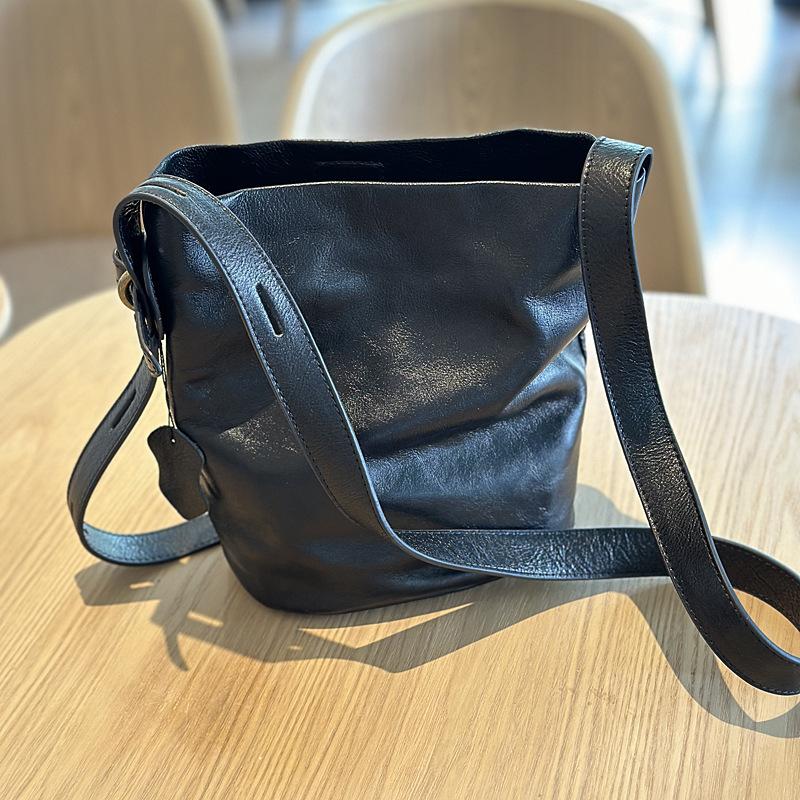 Johnature Simple Genuine Leather Bucket Bag Natural Real Cowhide Large Capacity Women's Shoulder & Crossbody Bags