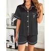 Heart Embroidered Pajama Set Satin Button-Down Short Sleeve Top & Elastic Shorts for Valentine's Gifts Women's Sleepwear