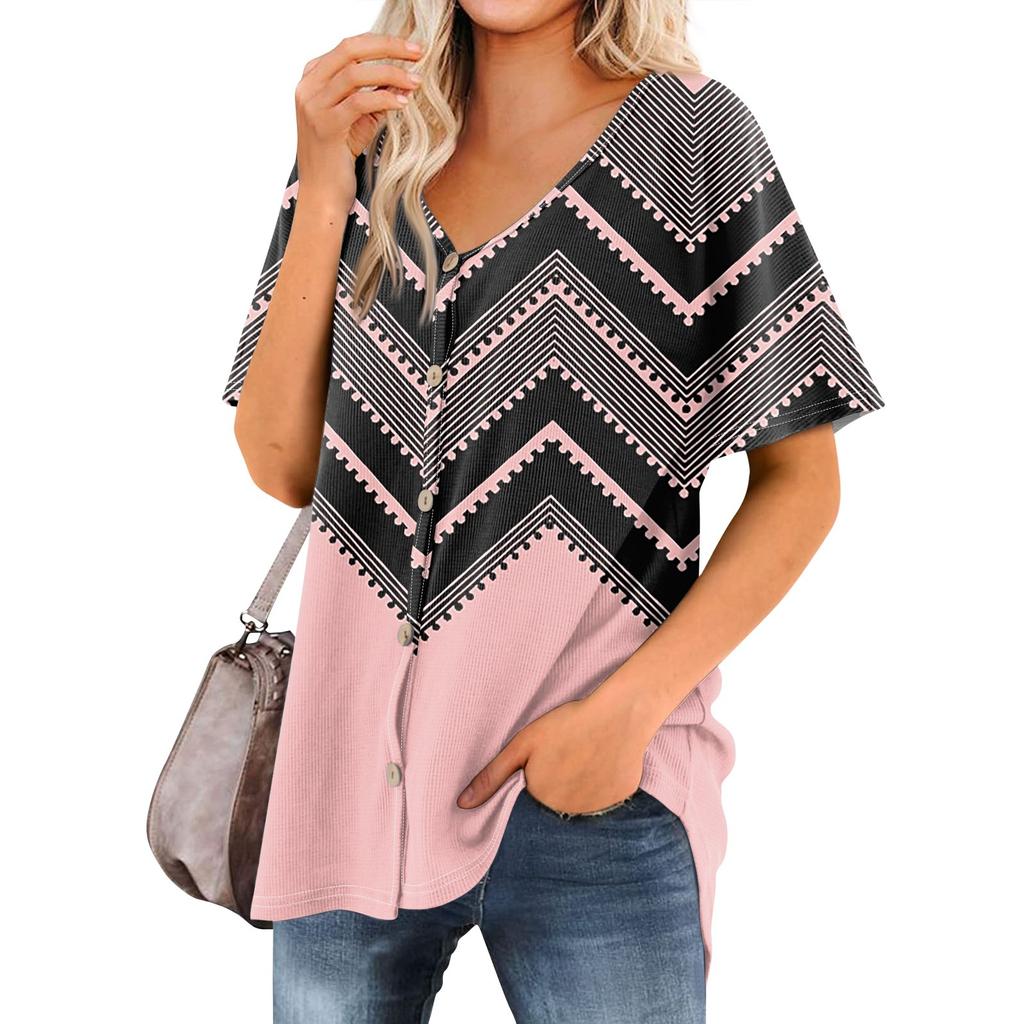 Женская футболка Футболка с принтом Женские рубашки V-образный вырез с короткими рукавами Туника на пуговицах Топы Блузка