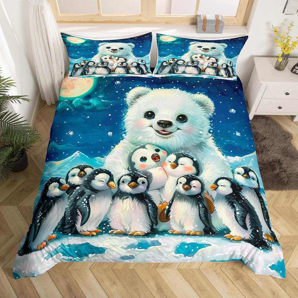 Cartoon Penguin Duvet Cover Polar Animal Watermelon Bedding Set for Boys Girls Room DecorArctic Wildlife Fruit Comforter Cover