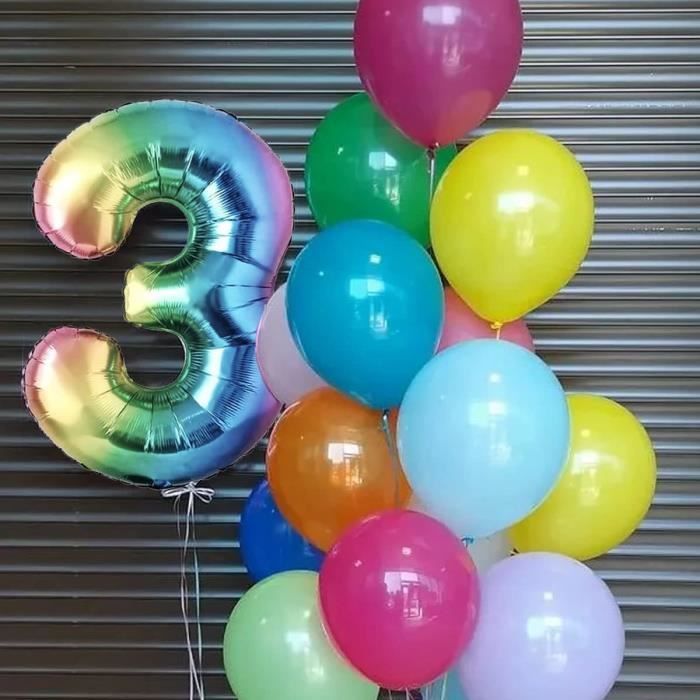 Ballon Chiffre 3 - Multicolore - 100cm - Aluminium - Idéal Anniversaire - Hélium